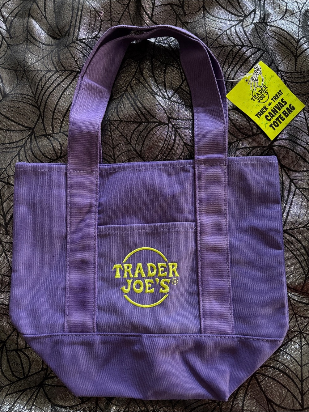 NWT Trader Joe’s Trick or Treat purple mini canvas tote bag